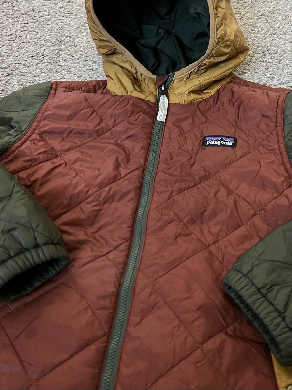 Patagonia Kids Quilted Hooded Jacket - Rust/Mustard/Olive Size 7/8 - Picture 7 of 8